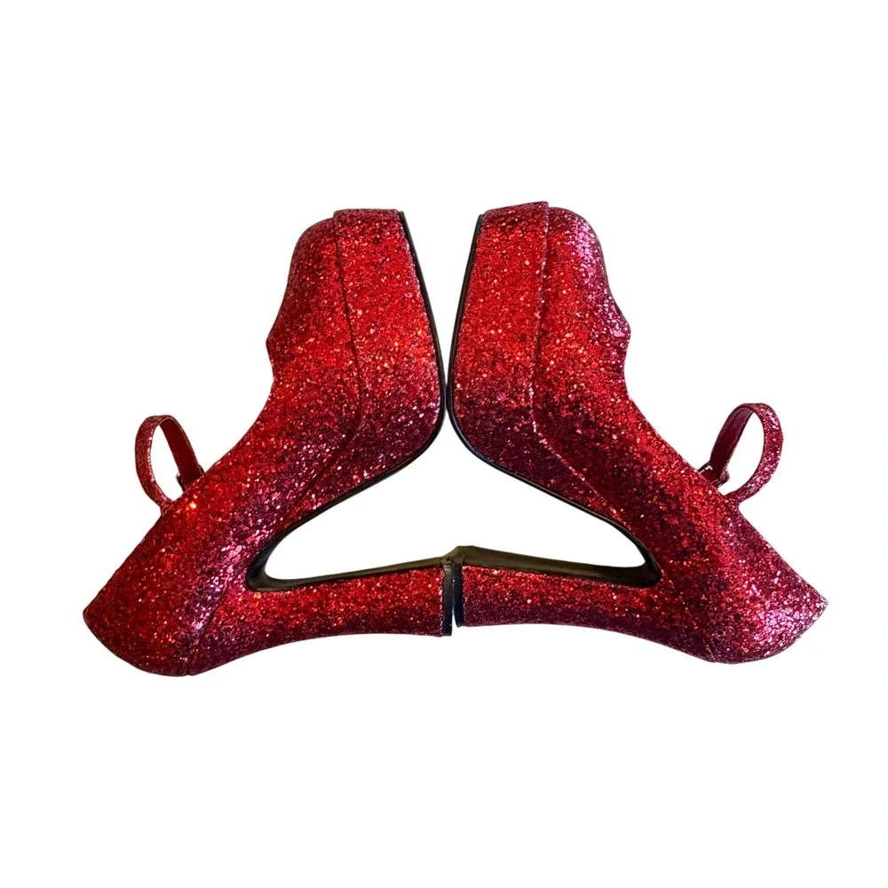 Pleaser Red Glitter Mary Jane Platform Heels Chunky Block Heel Ruby Sparkle Sz 7